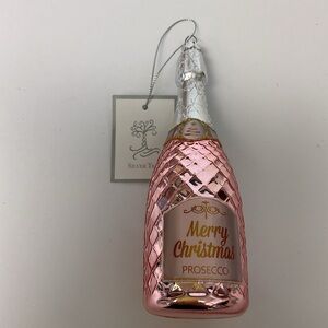 SILVER TREE GLASS MERRY CHRISTMAS PROSECO BOTTLE CHRISTMAS ORNAMENT PINK NWT